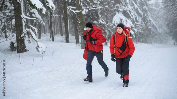 Obraz Paramedics from mountain rescue service running outdoors in winter in forest.