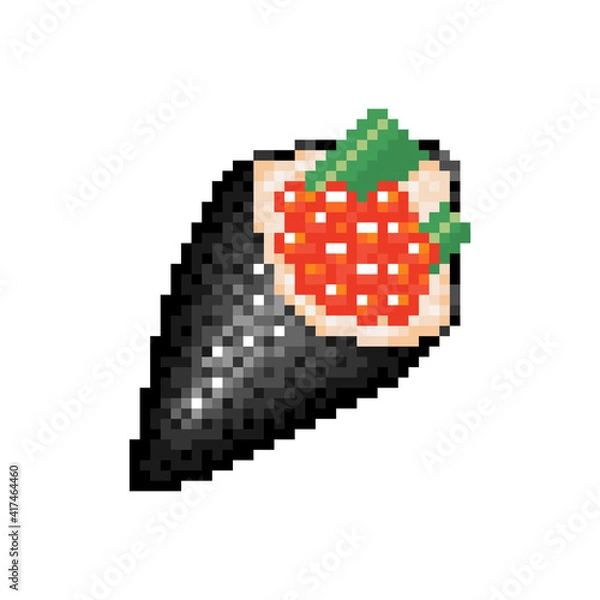 Obraz Pixel art sushi roll with red caviar. Pixelated Temaki roll. Japanese traditional food in pixel gaming retro style. Easy to use vector 8 bit icon of sushi roll.