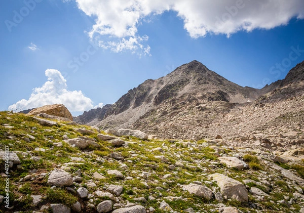Obraz Nice postcard of a mountain surrounded by green meadows with rocks in summer