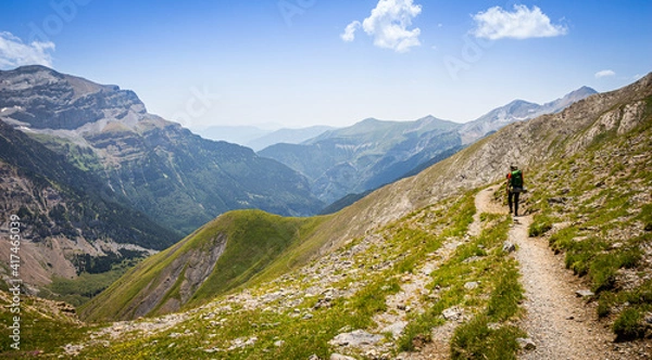 Obraz Hiker walking along a beautiful trail at high altitude in summer, surrounded by green meadows