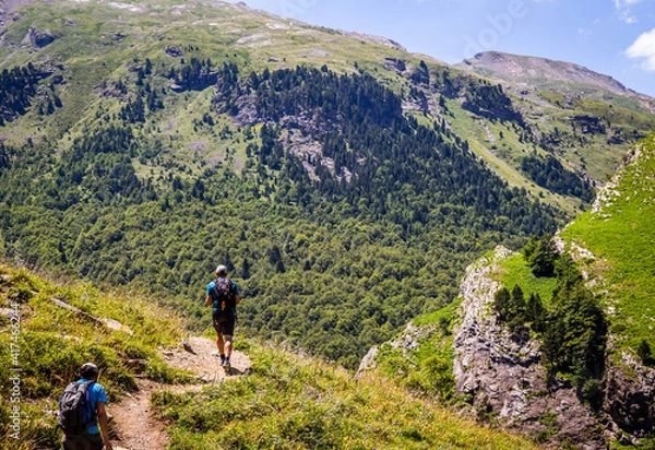 Obraz Hikers walking in summer through a beautiful green valley with trees and blue sky