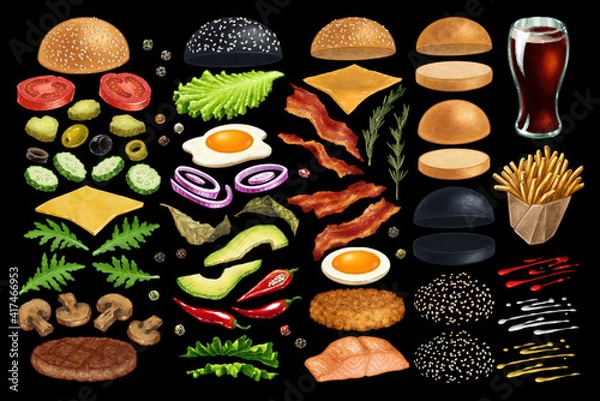 Fototapeta Burger menu. Hand drawn hamburger or sandwich - isolated fast food ingredients. Set of watercolor art style illustrations - bun, cucumbers, eggs, salad, tomatoes and cheese, sause and fries