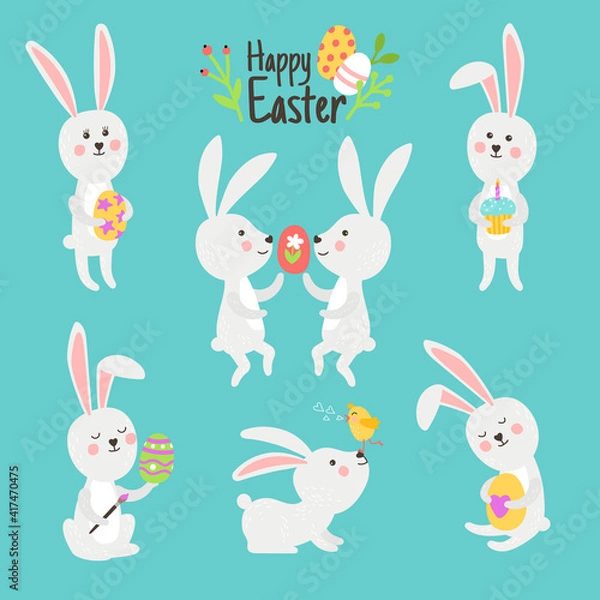 Fototapeta Happy easter bunnies with eggs. Cartoon cute rabbits celebrate day of spring, vector illustration of decoration elements of fun holiday isolated on cyan background