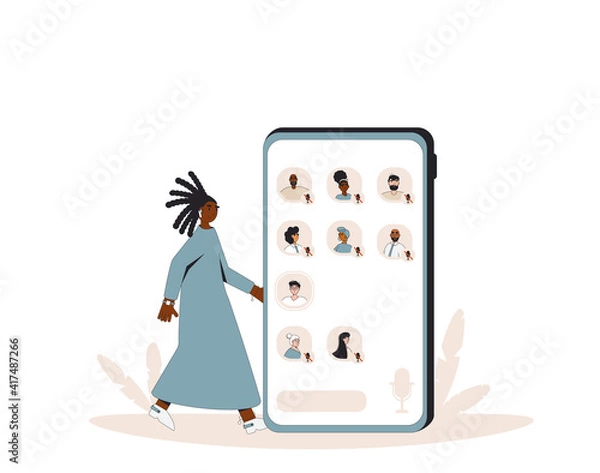Fototapeta Online conference with different people. Social media networking app. Audio chat. Talking with friends with woice and phone.