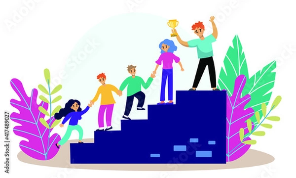 Obraz A colourful flat illustration with happy people and winner cup, for some positive topics about success, victory, happiness, enjoyment. Vector, EPS 10.