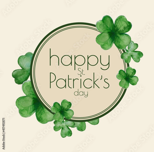Obraz Vector St. Patrick's Day card on beige background with clover and round frame for text. Good luck wish. Greeting banner design. Imitation of watercolor or pencil drawing. Decorative quatrefoil.