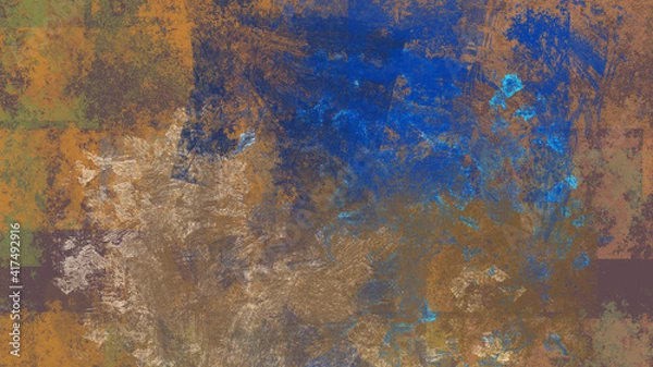 Fototapeta Abstract art work with bronze and blue splashes