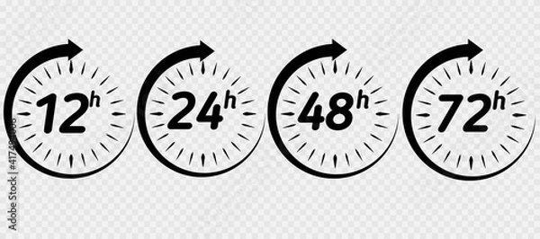Obraz 12, 24, 48 and 72 hours clock arrow. Vector work time effect or delivery service time icons