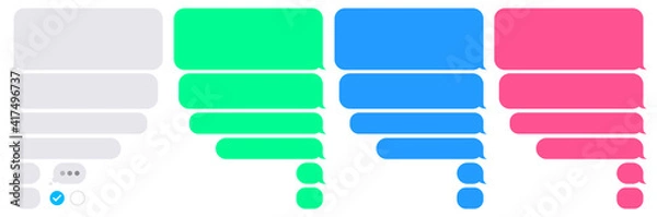 Obraz Phone bubbles sms empty set. Isolated chat app bubble on white background. Conversation composer for smartphone interface. Flat UI design in gray, blue, green, pink message. Vector illustration.