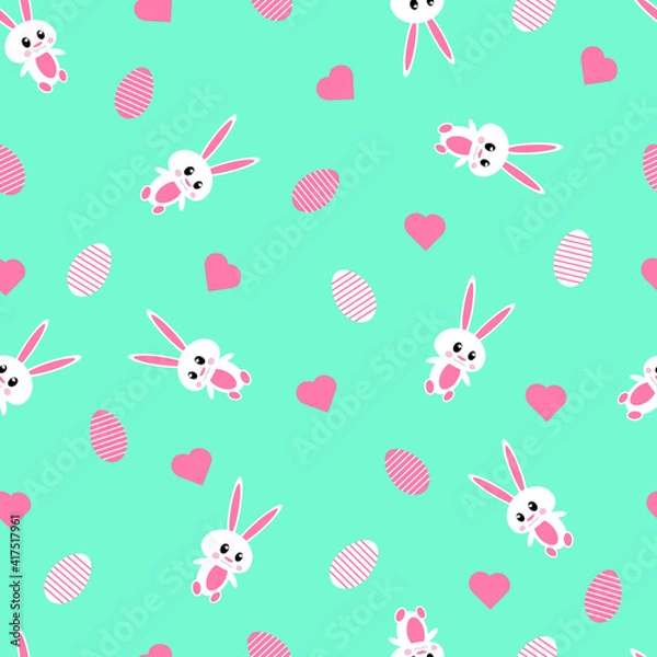 Fototapeta cute easter bunnies, eggs and hearts on a bright background, packaging, textiles, seamless patern