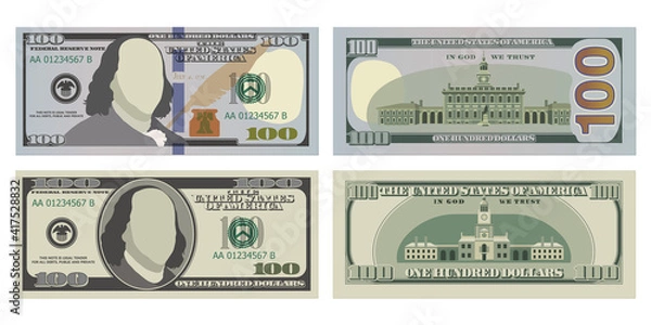 Fototapeta Hundred dollar bills in new and old design from both sides. 100 US dollars banknote, from front and reverse side. Vector illustration of USD isolated on a white background