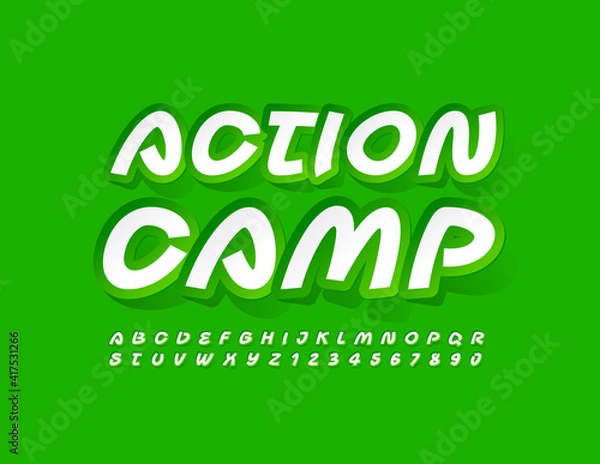 Fototapeta Vector green emblem Active Camp. Handwritten creative Font. Sticker Alphabet Letters and Numbers set