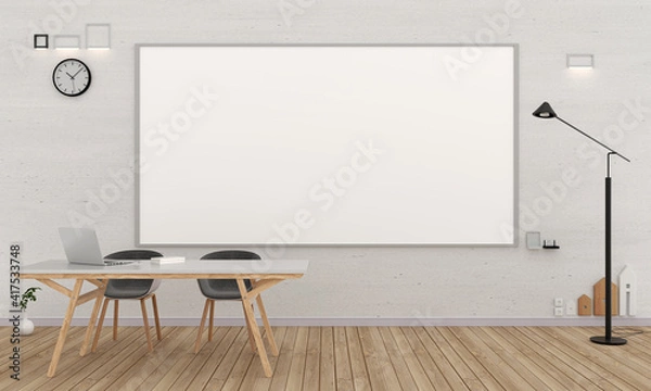Fototapeta Classroom interior with big whiteboard for mockup minimal style, 3D rendering