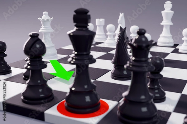 Fototapeta Checkmate. Black kings angle of chess board with white queen ready to make the winning move. 3D illustration