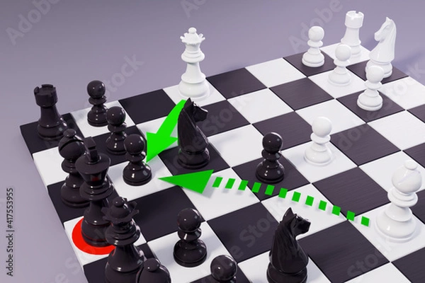 Fototapeta Checkmate. Chess board with white queen ready to make the winning move. 3D illustration