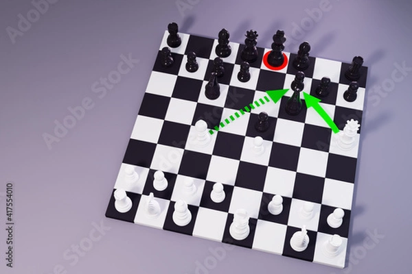 Fototapeta Checkmate. High angle view of chess board with white queen ready to make the winning move. 3D illustration