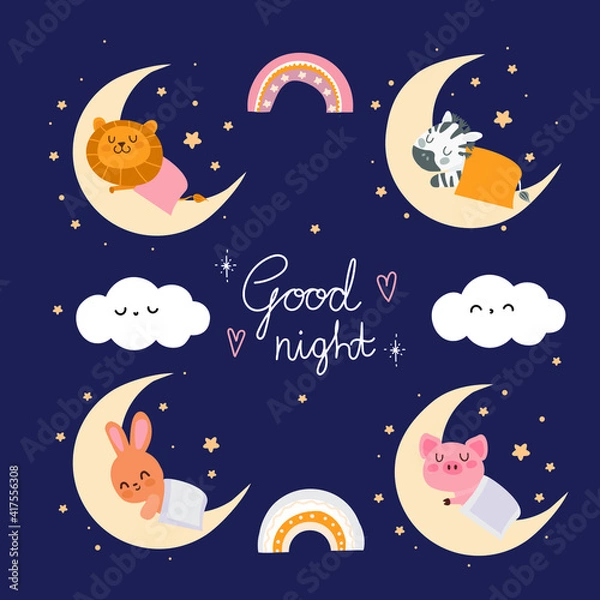 Fototapeta good night animal kids set