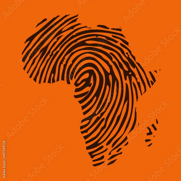 Obraz Sketch fingerprint african continent map banner. Dactylogram africa style poster. Flat pattern africa image. Dark Continent Africa ligneous abstract background. African continent timbered silhouette