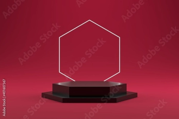 Obraz Black stacked hexagonal podium and hexagonal ring on gradient pink background.