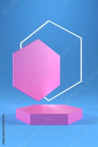 Obraz Pink hexagonal podium and white hexagonal ring on gradient blue background.