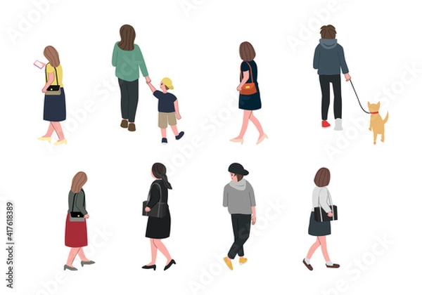 Obraz 街を歩く人の後ろ姿のイラストセット