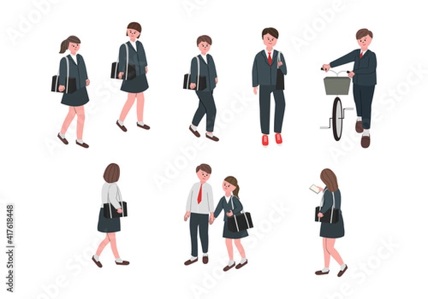 Obraz 通学中の高校生のイラストセット
