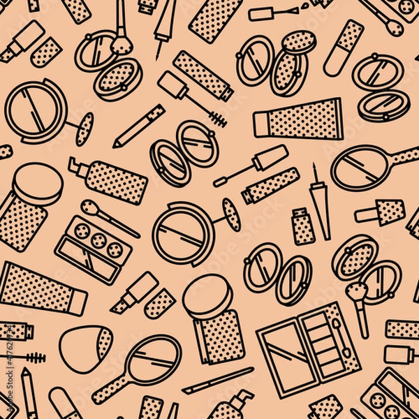 Obraz Vector seamless pattern of cosmetics elements with flat line icons