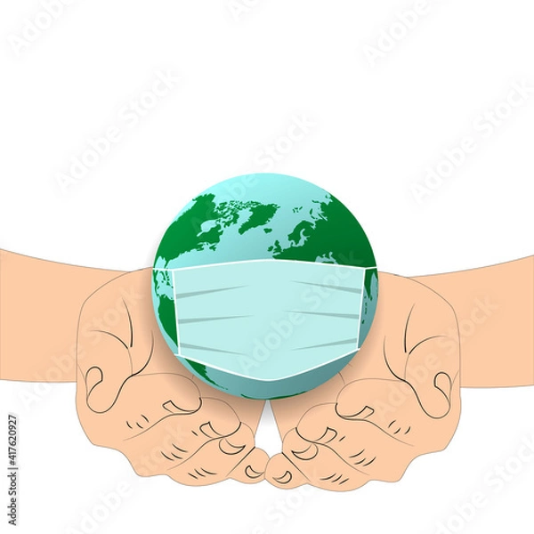 Fototapeta vector illustration of problem in the world. planet in the mask. Hands holding planet