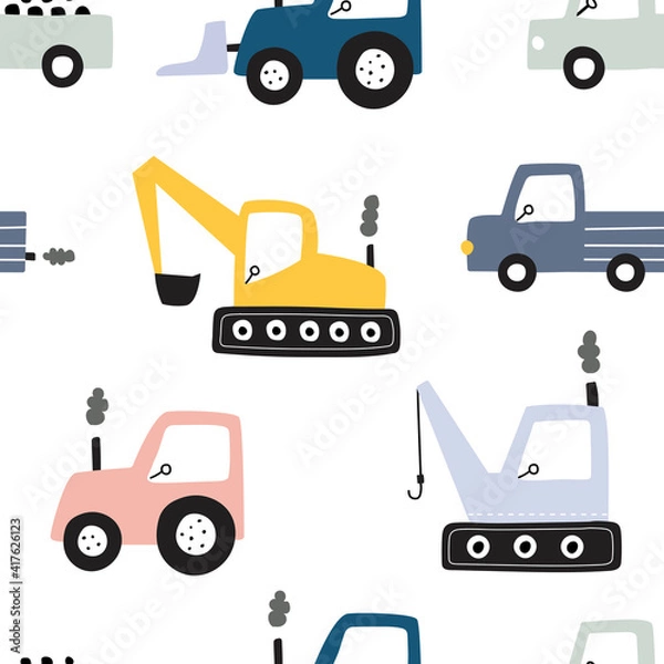 Obraz Hand-drawn construction machinery car Seamless vector pattern with a tractor on a white background Lovely design, cartoon style, use for print, wallpaper, fabric, fashion textile.