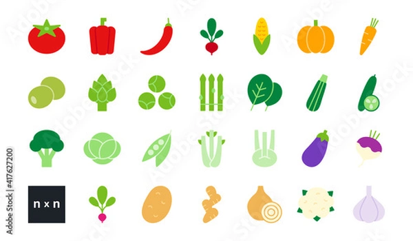 Fototapeta Set of vector flat color icons. Vegetables isolated on white. Modern design. Healthy food and vitamins