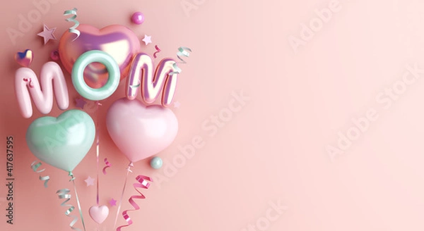 Fototapeta Happy mothers day decoration background with balloon, mom text, copy space text, 3D rendering illustration
