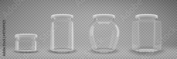 Obraz A set of glass jam jars with lids. A transparent jar with a white lid. Realistic 3D illustration. Vector