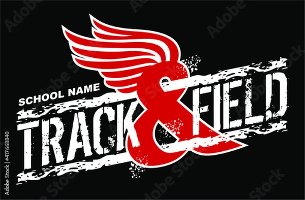 Fototapeta distressed track & field team design with wings for school, college or league