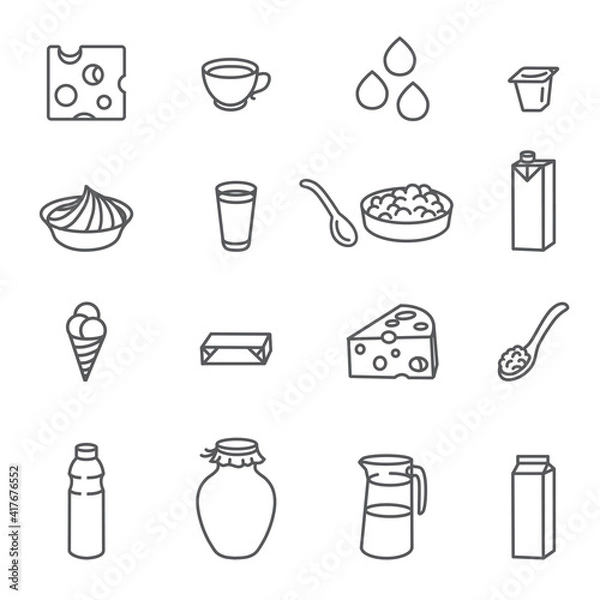 Obraz Milk and Dairy. Set of Outline Icons.