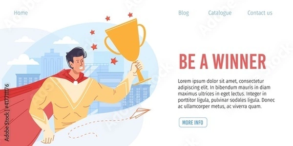 Fototapeta Vector cartoon flat superhero character holds metaphor of successful business gold cup-goal achievment,mass pop culture,aspiration,power,confidence,team victory success landing page design concept