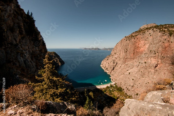 Fototapeta Beautiful beach view of Kabak Valley in Turkey. View from hill on Lycian way.