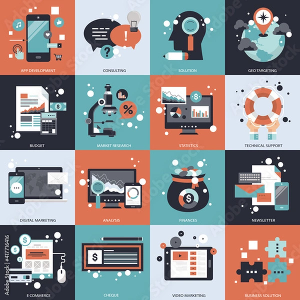 Fototapeta Business, technology and management icon set for websites and mobile applications. Flat vector illustration