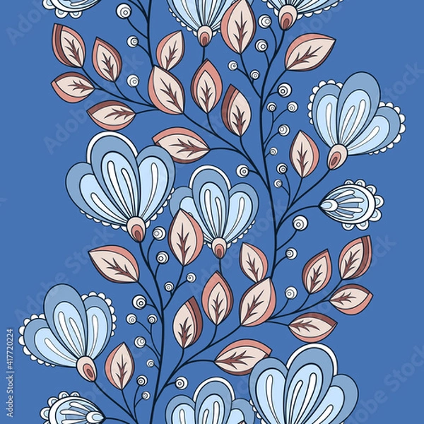 Fototapeta Seamless Pattern with Abstract Flowers and Leaves. Endless Striped Texture with Floral Motifs. Nature Inspired Abstract Elements. Fabric Textile, Wrapping Paper, Wallpaper. Vector Contour Illustration