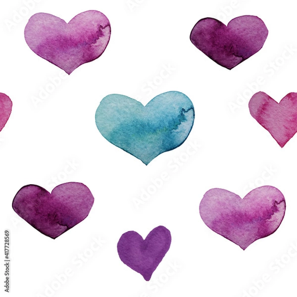 Fototapeta Watercolor painted hearts. Simplified drawing of blotting ink stain elements for design postcards, congratulations, decoration seamless pattern, hand-drawn icon set love sign, cute illustration 