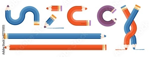 Obraz Elements for infographics. Straight, twisted and intertwined pencils. Blue and red pencil colors. Vector Illustration