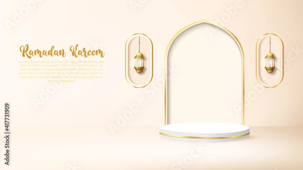 Fototapeta 3d ramadan kareem background with golden lamp and podium.