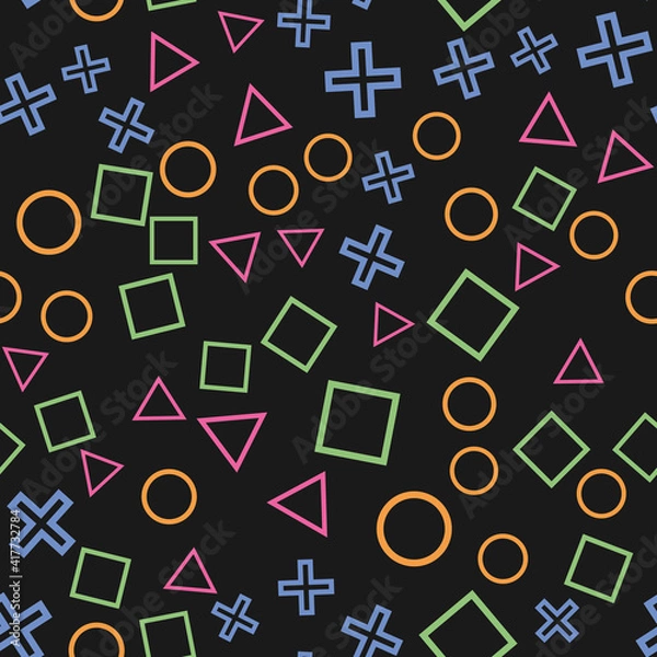 Fototapeta Seamless pattern with colorful geometric shapes on black background