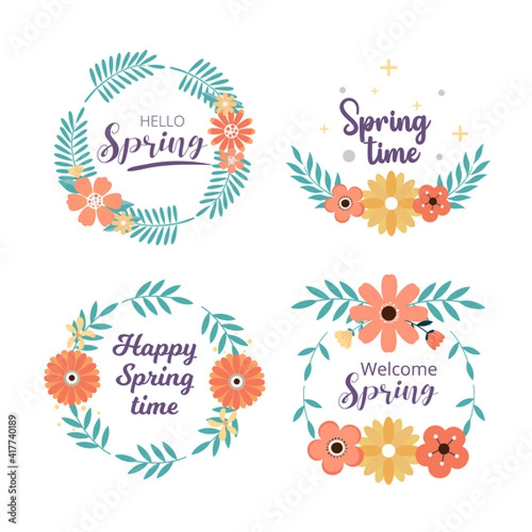 Fototapeta Spring badge and label collection. Hello spring. Greeting card. Vector illustration. Hand drawn. Flat design.