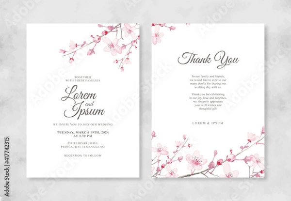 Obraz Elegant wedding invitation with hand painted watercolor Cherry blossoms