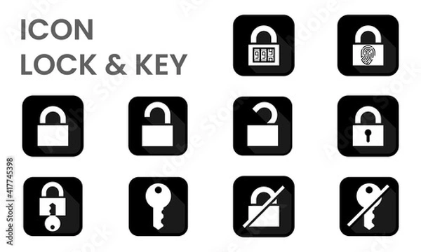 Obraz Icon vector sets of master key and key as locking and unlocking for key and password and fingerprint key required in design of dark color outline or silhouette