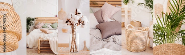 Fototapeta collage of 6 photos in one style: elements of home decor in boho style: wicker chandelier, pastel bed, wicker baskets, bouquet of cotton, green plants. natural calm colors well-being apartment decor