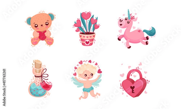 Fototapeta Saint Valentine Day Festive Attributes and Symbols with Cherub Unicorn Vector Set
