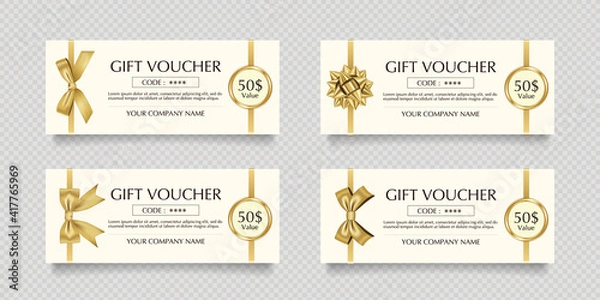 Fototapeta 金色のリボンとラベルのギフト券のベクターイラストセット
