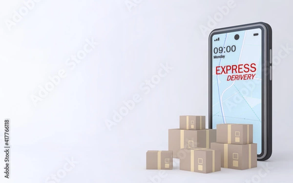 Fototapeta 3D Online express delivery service concept, fast response delivery by scooter, courier Pickup, Delivery, Online Shipping Services. 3d Rendering.	