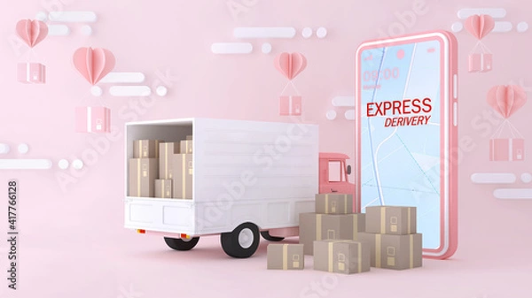 Fototapeta 3D Online express delivery service concept, fast response delivery by scooter, courier Pickup, Delivery, Online Shipping Services. 3d Rendering.	